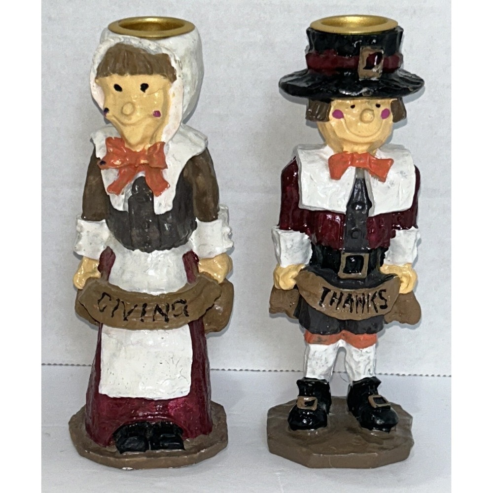 Thanksgiving Pilgrims Candle Stick Holders Set Hermitage Pottery 1997 Vintage
